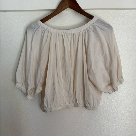Aerie Women’s Button Front Cropped Top Beige Cream Puff Sleeve Size L - Picture 6 of 8